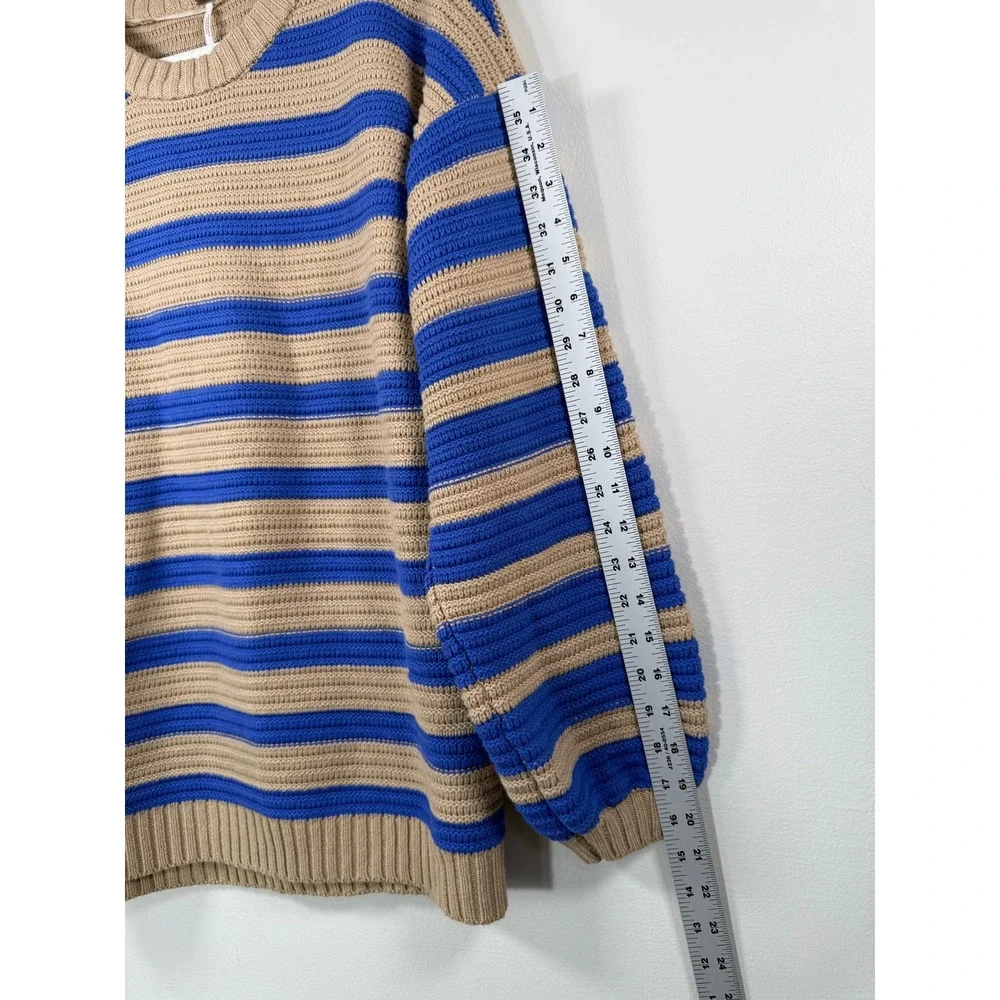 Free People Blue Tan Striped Oversized XS/S Ribbed Knit Balloon Sleeve Sweater
